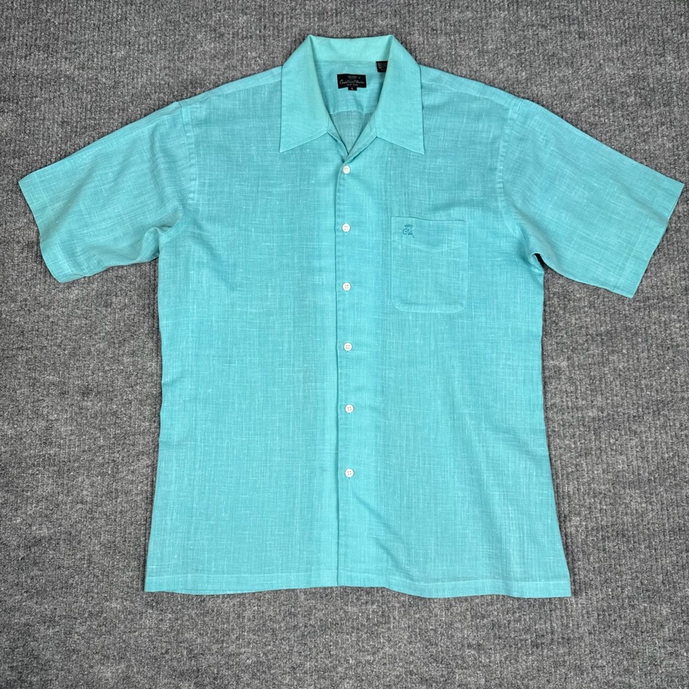 Vtg 80s Countess Mara Button Up Shirt Mens L Teal Short Sleeve Resort Coastal